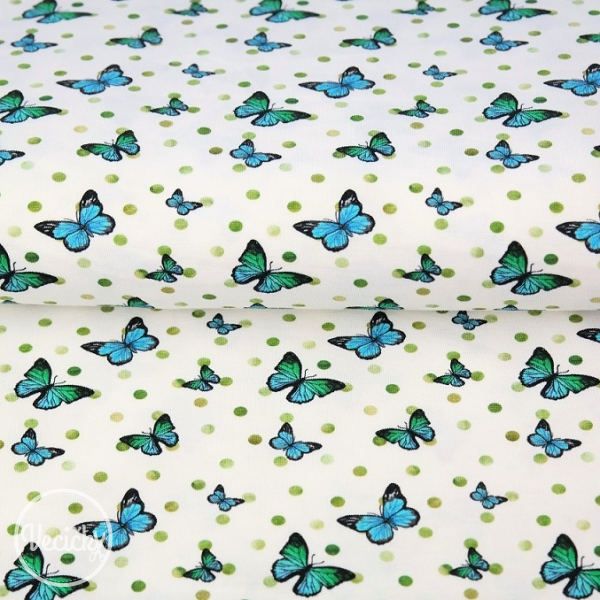 bavlnený popelín - butterflies with dots green