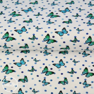 bavlnený popelín - butterflies with dots blue