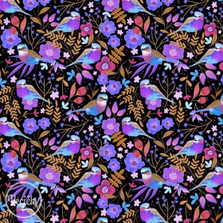 POČESANÁ TEPLÁKOVINA - purple birds black