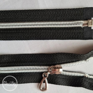 Špirálový strieborný zips šírka 5 mm dĺžka 60 cm - black